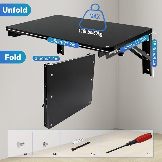 Folding Wall Desk for Small Space, Black 21.7″ Wooden Floating Table | Foldable Shelf Wall Mounted for Office Living Room Bedroom, Media Projector Shelves with 2 Heavy-Duty Brackets Holds Up 80lbs