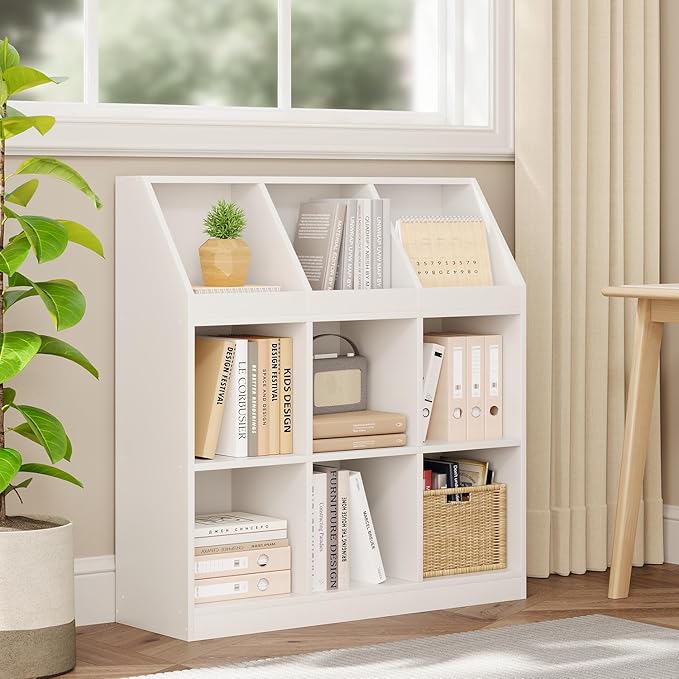 NELYE 9-Cube Wooden Storage Bookcase - 11-Inch Open Shelf Cabinet, Simple Modern Bookshelf Organizer for Home Office, Living Room, White