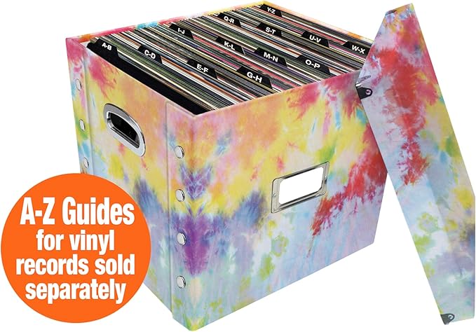 Snap-N-Store Vinyl Record Storage Box - Pack of 1-13.2 x 12.625 x 12.5 Inch LP Holder with Lid for 12-inch Records - Crate Holds up to 75 Vinyl Albums - Tie Dye