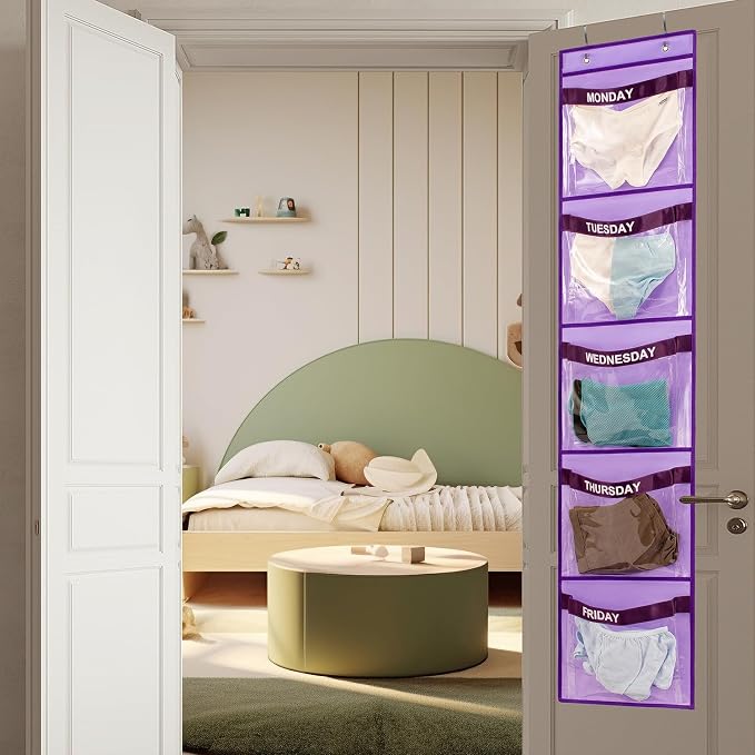 2 Pcs Day of Week Clothing Organizer Monday to Friday School Clothes Organizer for Kids Weekly Hanging Closet Organizer (Purple)