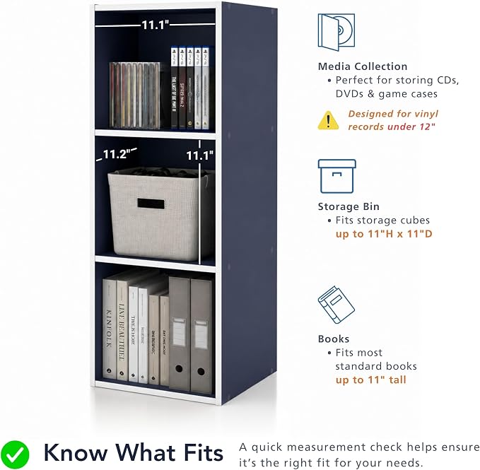 Homes: Inside + Out Apexa 3-Cube Storage Organizer Shelves, Stackable Wood Bookcase Fits Cubby Bins for Organization, Dorm Teen Room Decor & Home Office, Black