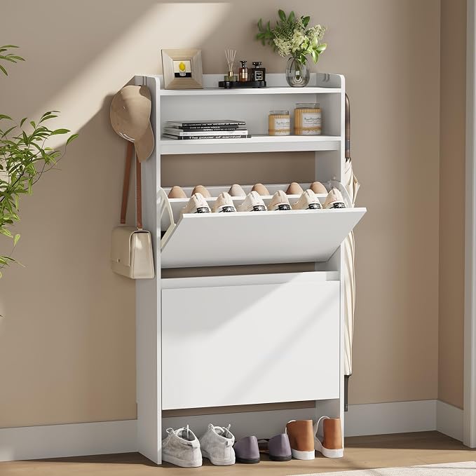 Shoe Cabinet Organizer with 2 Flip Drawers, Freestanding Shoe Rack Cabinet, Narrow Shoe Cabinet Storage for Entryway, Foyer, Hallway, White, 23.6" W