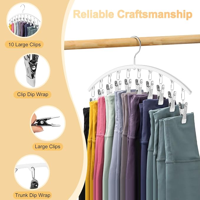 Legging Organizer for Closet, Metal Yoga Pants Hanger w/Rubber Coated 4 Pack w/10 Clips Hold 40 Leggings, Hangers Space Saving Hanging Closet Organizer for Closet Organizers and Storage-White