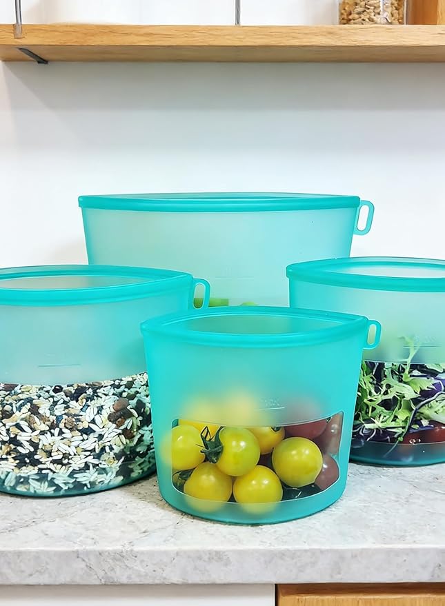 Reusable Silicone Food Storage Bags (Set of 4), Dishwasher Oven Microwave Freezer Safe, Eco-Friendly 100% Platinum, Leakproof Sous Vide Bags, 1 Snack, 2 Sandwich and 1 Half-Gallon, Mint