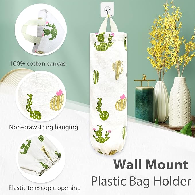 SYIPO Plastic Bag Holder, Reusable Grocery Bag Organizer for Home Kitchen Travelling Decor, Wall Mount, 1 Pack，Cactus