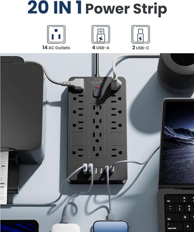 JouleLoom Surge Protector Power Strip-14 Outlets and 6 USB Ports, 15 Feet Flat Plug Extension Cord, 1850 Joules, Black, ETL Listed for Home, Office, Dorm Room