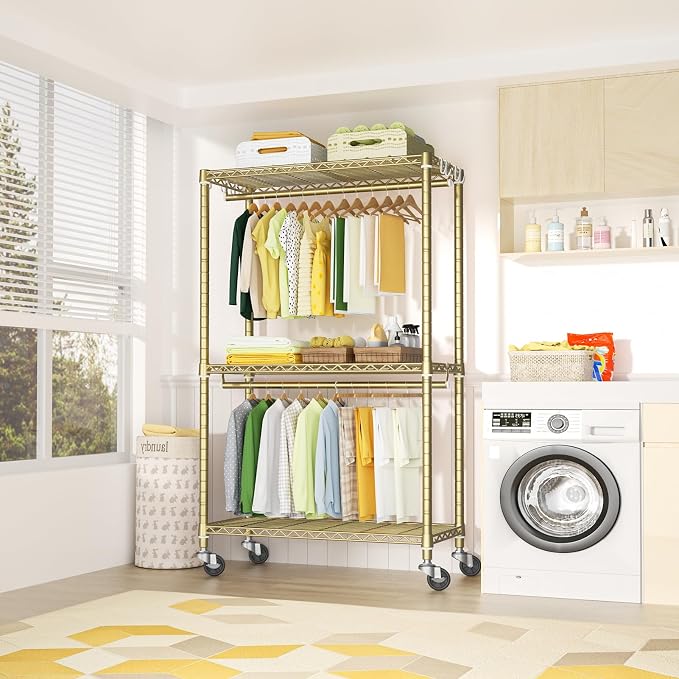 FUTASSI P3 Rolling Clothes Rack, Clothing Racks for Hanging Clothes, Heavy Duty Garment Rack with Wheels, Freestanding Portable Closet Racks 39.4'' W x 14'' D x 78.5'' H, Max Load 470 LBS, Gold