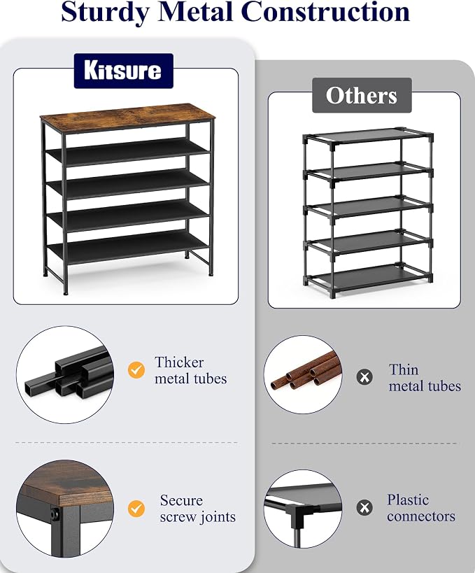 Kitsure 5-Tier Shoe Rack for Entryway - Space-Saving Shoe Rack Organizer with Wooden Top, Metal Frame Shoe Storage for Closet, Holds 15–20 Pairs, 29.5" x 11.4" x 31.1"