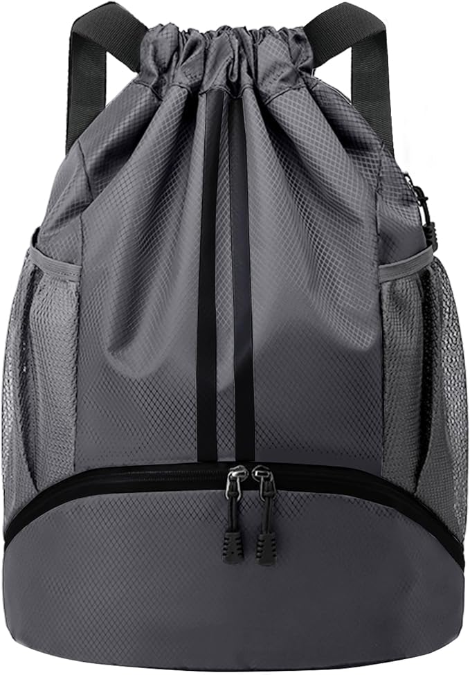 JELUTAR Drawstring Backpack Gym Bag with Shoes Compartment for Soccer, Basketball, Swim, Water-Resistant String Backpack Beach Cinch for Women Men, Dark Grey