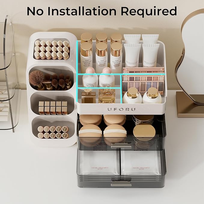 UFORU Makeup Organizer for Vanity with Brush Holder, Large Capacity Bathroom Countertop Skincare Organizer with 2 Drawers, Cosmetic Display Case for Perfumes, Eyeshadow Palettes, Nail Polishes