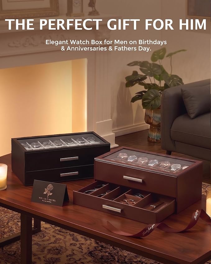ProCase 14-Slot Watch Case for Men, 2-Tier Pull-Out Drawers Box -Black | Fathers Day Gift for Dad Men with Display Clear Top Lid, Jewelry Sunglasses Storage Organizer, Anniversary Birthday Gifts