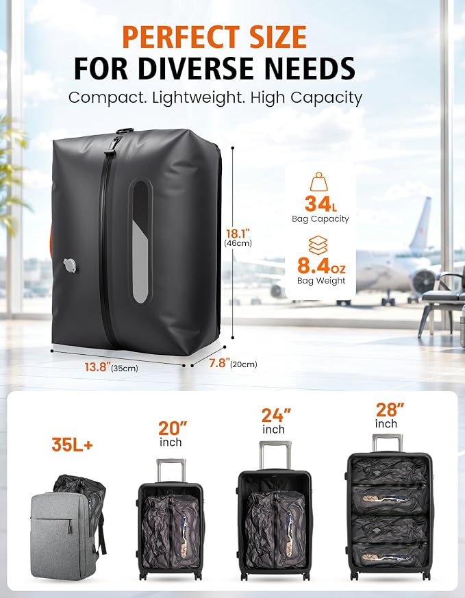 Vacuum Travel Bags with Pump, 2 Pack 34L Space Saver Vacuum Compression Bags for Travel Luggage Suitcase Backpack, Waterproof & Reusable Vacuum Packing Cubes for Clothing（2Pcs+Pump)