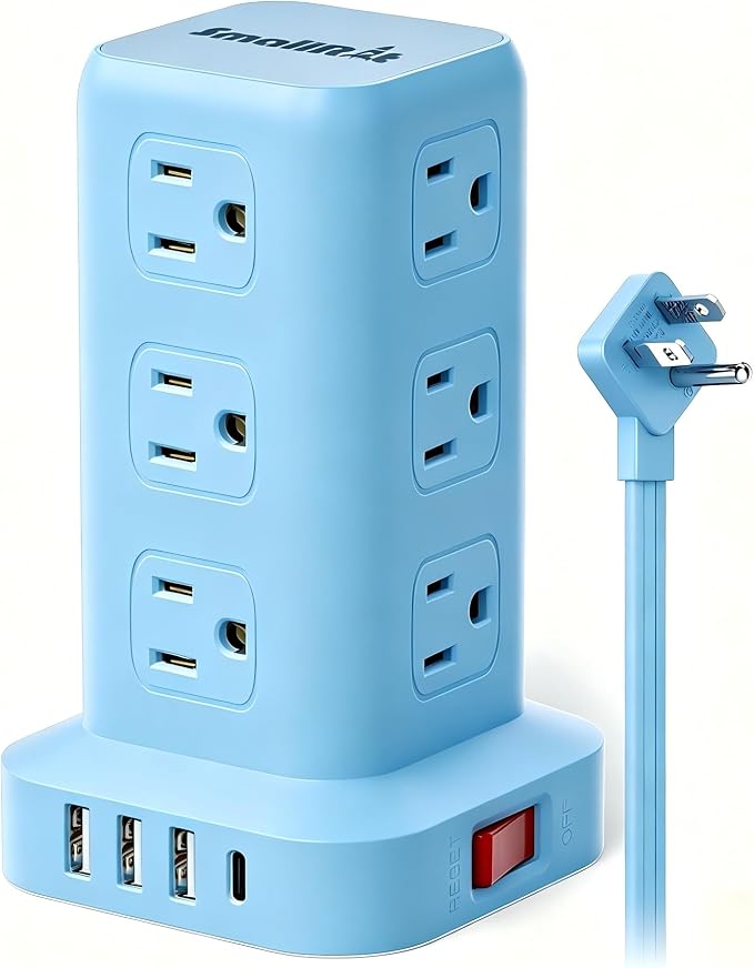 Power Strip with 12 Outlets 4 USB (1 USB C), 6.5Feet Extension Cord with Multiple Outlets, Charging Station, Blue Power Strip Tower, Home Office Desk Supplies