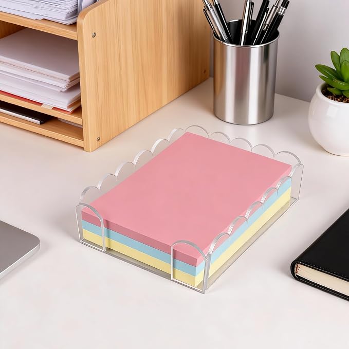 Acrylic Sticky Note Holder 4x6 Inch Scalloped Crystal Clear Sticky Note Holder Dispenser for Classroom Home Desk Organizer Accessories for Dorm Room School Office