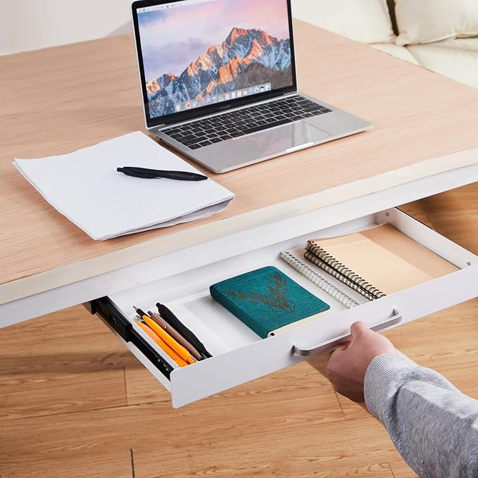 Under Desk Drawer Organizer 21" White Upgrade with Adjustable Brackets, Sliding Pull-Out Under Table Pencil Drawer, Office Standing Desk Attachment for Workbench | White, Under Cabinet Table, Heavy Duty Pull Out Shelf, Attachable for Workbench, Adjusta...