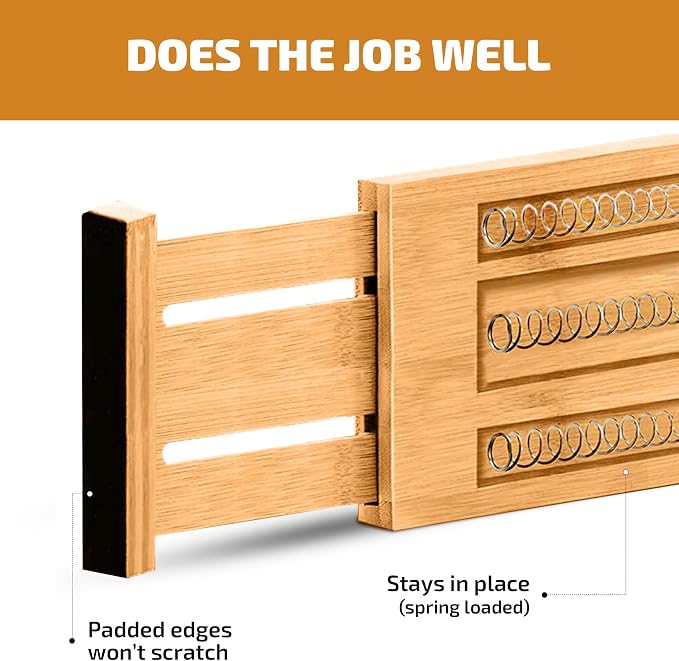 6 Pack Bamboo Drawer Dividers - 4 Inch High, Adjustable 11.5 to 17 Inch Expandable Kitchen Drawer Organizer, Spring Loaded Dresser Separator for Utensils, Clothes, Bedroom, Bathroom, Nursery, Office