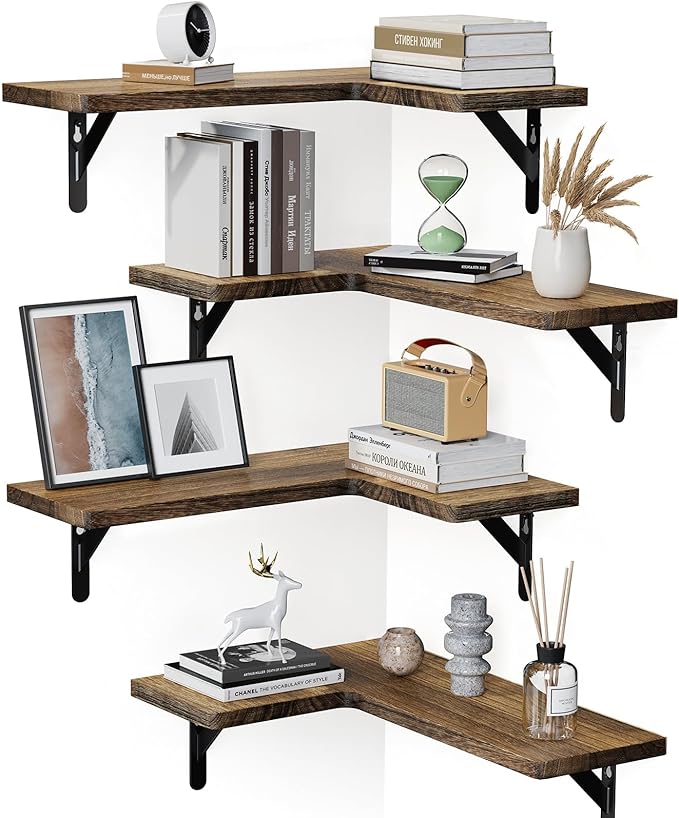 Amada HOMEFURNISHING Corner Floating Shelves, Set of 4 Corner Wall Shelves, Shelves for Wall Decor, Corner Wood Shelves for Home Decor, Office, Bedroom, Bathroom, Laundry Room, Kitchen, Brown