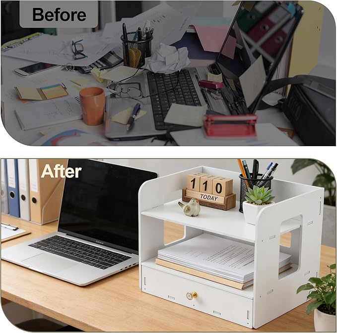 Desk Organizer, 2-Tier File Organizer for Desk with Drawer, Letter Tray Paper, Desktop Document Sorter for Letter, File Folder Holder for Office, Home or School- White MLT002W2