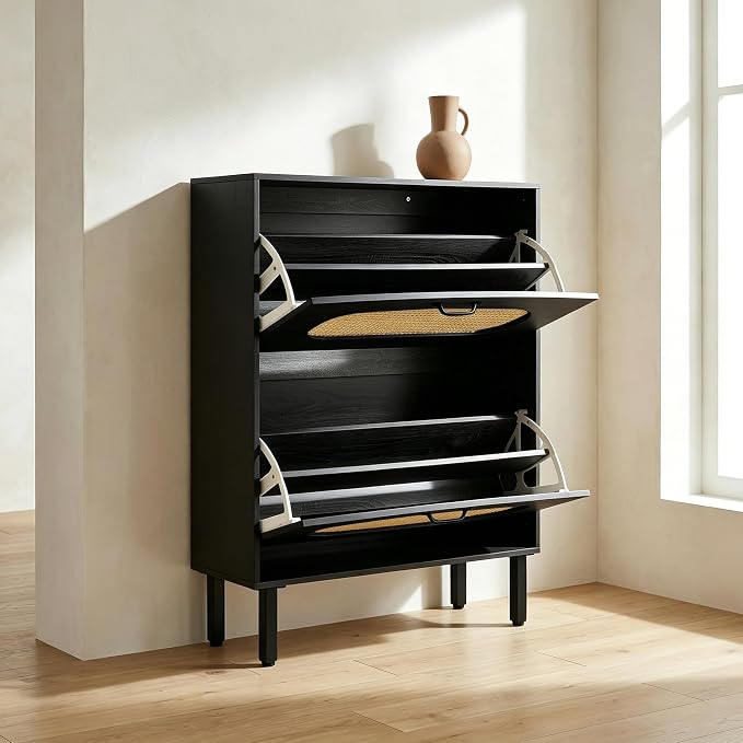 SUNCROWN Shoe Storage Cabinet with 2 Flip Drawers, Freestanding Narrow Shoe Rack Organizer for Entryway, Natural Semi-Circular Rattan Doors with Adjustable Shelves, Black