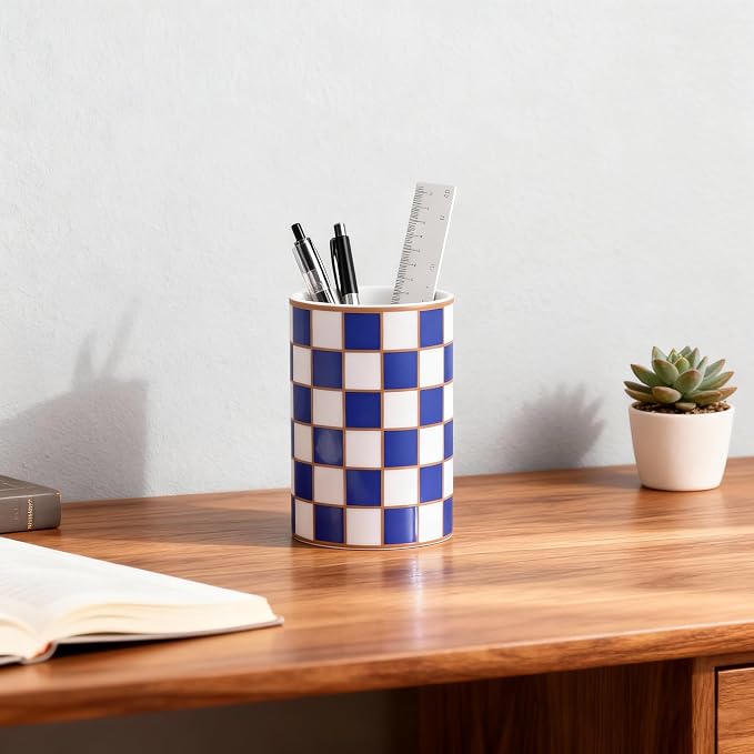 Ceramic Checkered Pen Holder For Desk,Cute Stand Black And White Pencil Cup,Durable Ceramic Pencil Cup, Decorative Makeup Brush Holder Cup, Stationery Holder for Office, School, Home (Blue)