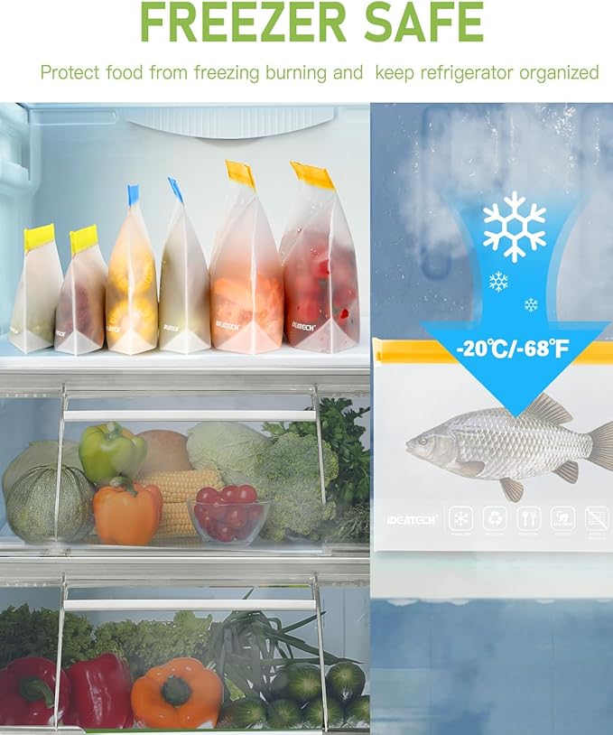 IDEATECH Reusable Freezer Bags Gallon Size, BPA Free Food Containers, Reusable Gallon Bags, Sandwich Bags, Reusable Baggies for Lunch, Travel Healthy Food (Grey, 8Pack-8Gallon)
