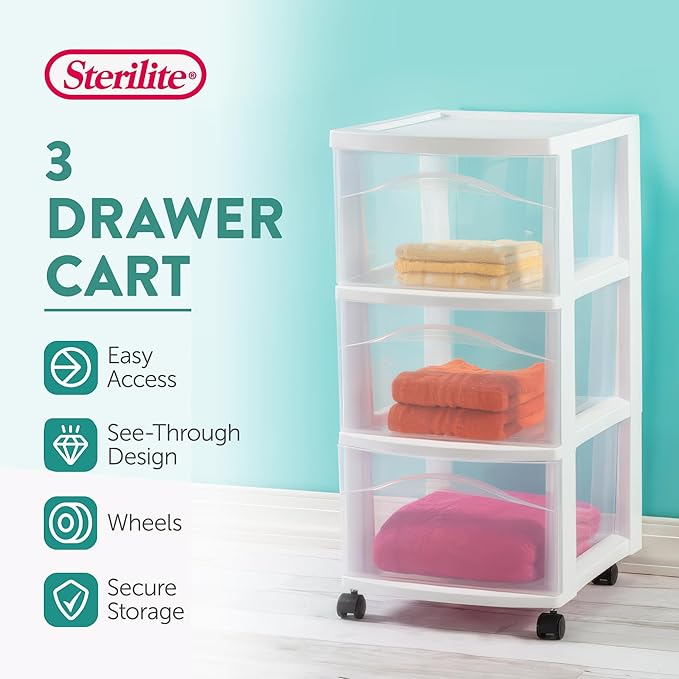 Sterilite 4-Pack 3-Drawer Cart, Plastic Storage Organizer Drawers with Wheels, White - Rolling Multipurpose Bins for Dresser, Closet, Cabinet, Bedroom, Bathroom, and Office Organization