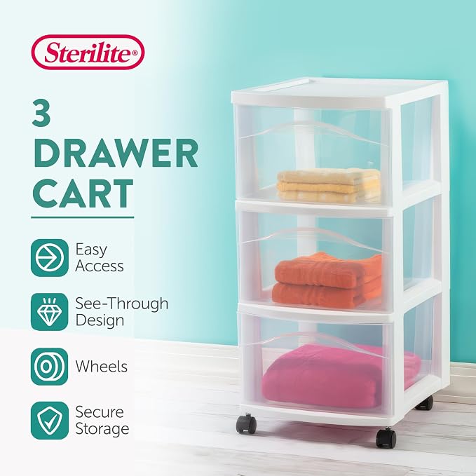 Sterilite 6 Pack 3 Drawer Storage Cart, Plastic Medium Organizer with Wheels, White - Multipurpose Bin for Crafts, Accessories, or Office Supplies