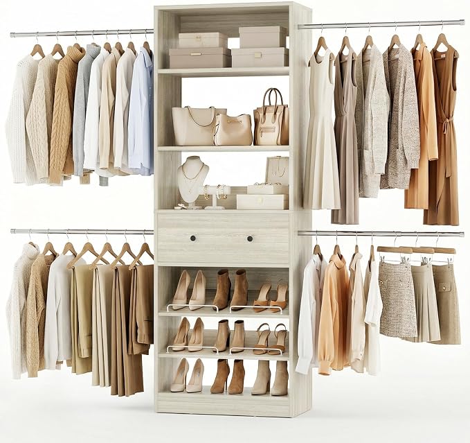 Armocity Wood Closet Organizer System - 4FT-9FT Expandable Wardrobe Closet with Drawer & 4 Hanging Rods, Heavy Duty Walk-in Closet 1000Lbs for Bedroom Walk-in Closet, White Oak