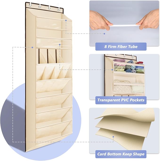 FENTEC 1 Pack Over The Door Shoe Organizer, 68" Exlarge Deep Pockets Hanging Shoe Organizers, 8-Tier Shoe Rack for Closet, Shoe Holder for Boots,Over Door Organizer in Home, RV, Dorm, Beige
