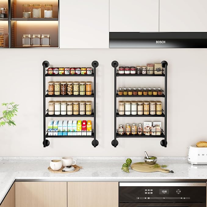 IBUYKE 4 Tier Spice Rack Wall Mount for Kitchen,Black TLJ016B | Hanging Seasoning Organizer,Large Spice Rack for Wall Spice Organization for Kitchen Cabinet Bathroom Pantry Living Room