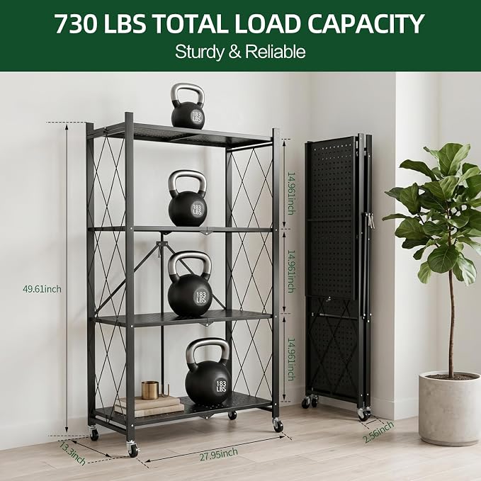 4-Tier Foldable Storage Shelf with Wheels – Heavy Duty 550 LBS Capacity, Collapsible Metal Steel Rolling Rack for Garage, Kitchen, Pantry, Office – Black