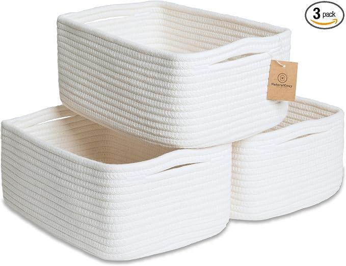NaturalCozy 11.8"x8"x4.5” Storage Baskets for Shelves 3 Pack | Cotton Rope Woven Small Baskets for Organizing | Small Storage Bins for Nursery, Bathroom, Closet, Cube Shelf, Decorative, Gift Basket