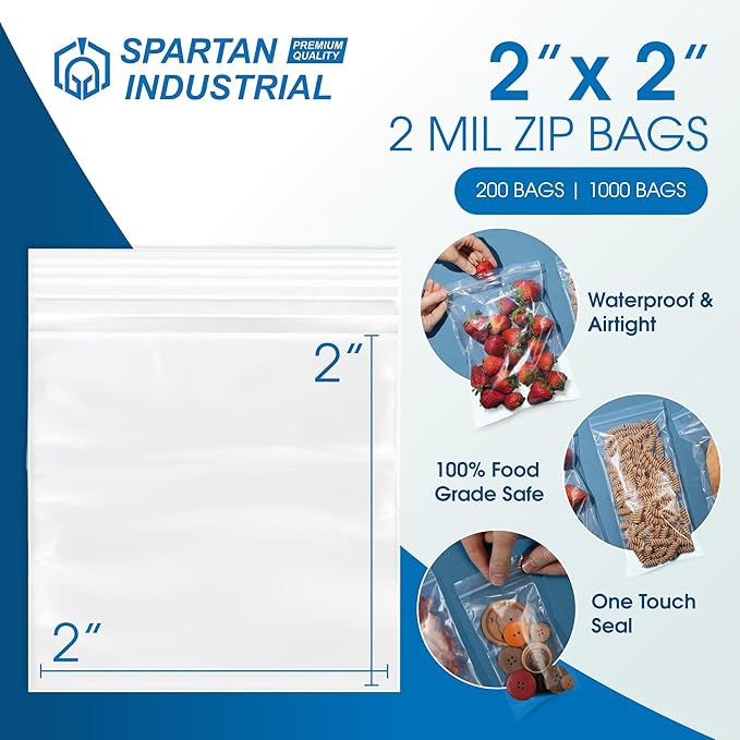 Spartan Industrial - 2” X 2” (1000 Count) 2 Mil Clear Reclosable Zip Plastic Poly Bags with Resealable Lock Seal Zipper
