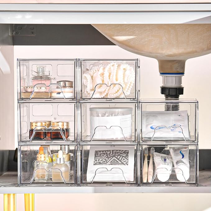 8Pack Acrylic Storage Drawers, Clear Stackable Storage Drawers, Acrylic Storage Bins with Drawers for Fridge Organizers, PlasticDrawers Stackable for Makeup Organizers Cosmetic Display