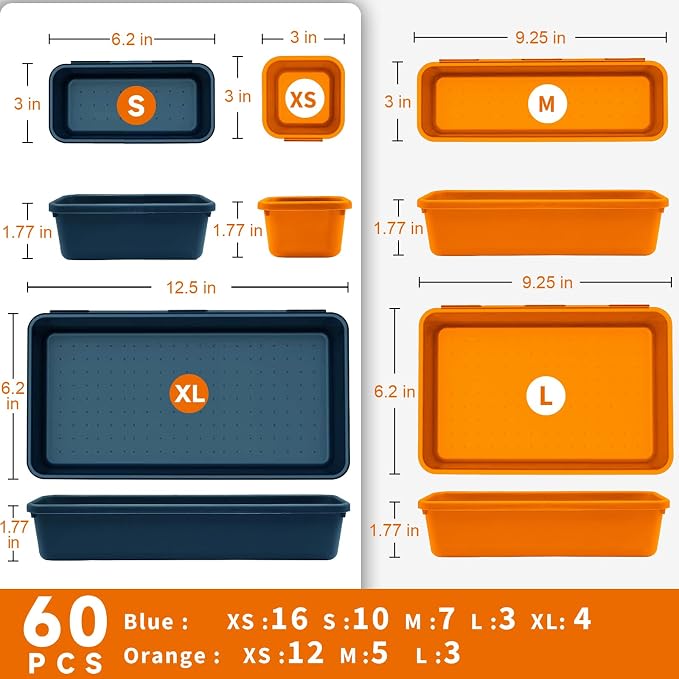 Tool Box Organizer Tray, Toolbox Desk Drawer Organizer, Tool Box Tray, Toolbox Organization Storage for Rolling Tool Chest (60PCS (Blue+Orange))