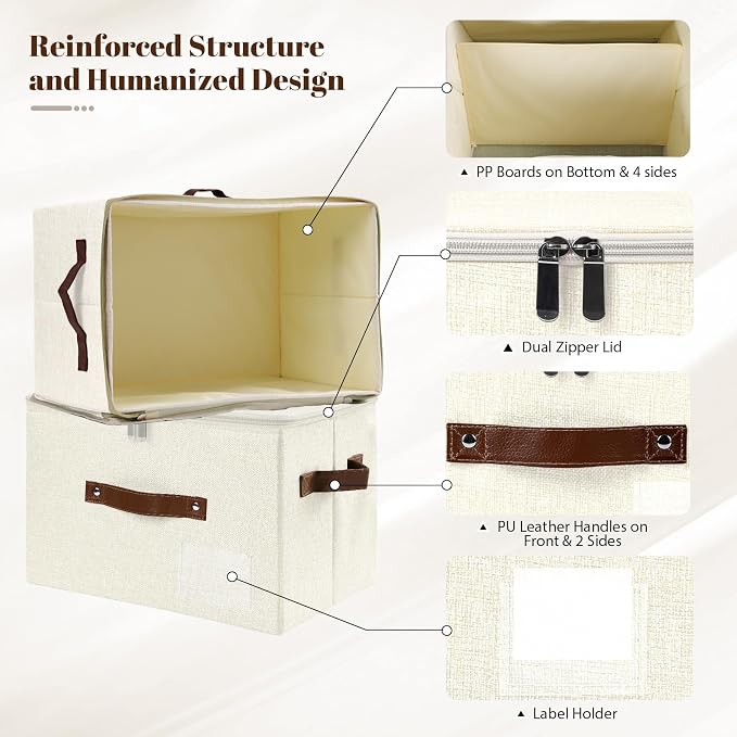 ANMINY Small Fabric Storage Box Bins with Zipper Lid, Washable Beige, 3PCS | Cotton Linen Fabric, PP Board Frame, Label Holder, Stackable & Foldable, PU Handles, Dual-Zipper 3-Side Open Lid