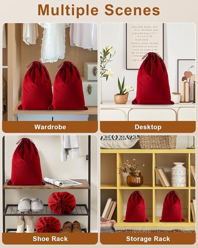 2 Pcs Shoe Bags for Travel, Dust Velvet Bags, Rio Red, 17.3x12.6 Inch | Washable & Reusable Travel Shoe Bags, Dustproof Shoe Bags with Drawstring Closure, Suitable for Travel, Home Storage
