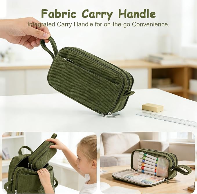 BuyCard Large Capacity Corduroy Pencil Case, Green Zipper Pouch, Aesthetic Pen Pouch, Supplies Organizer for Teen Girls Boys Women Men, Teacher Appreciation Gifts, Fathers Day Gift