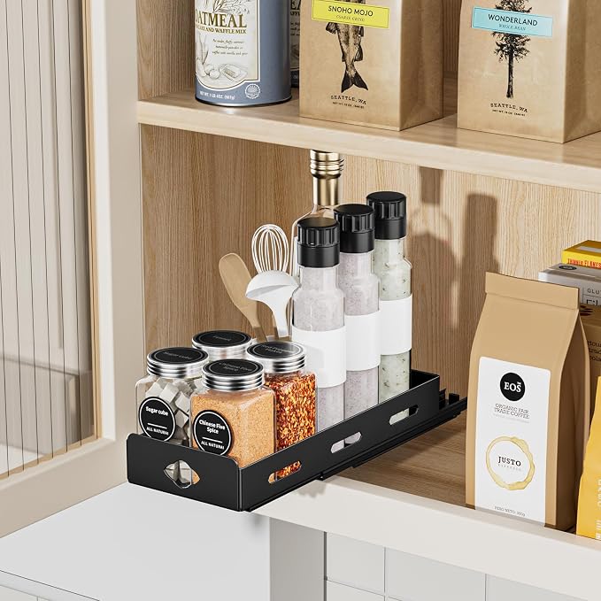 BOIVSHI Pull Out Spice Rack Organizer for Cabinet, Heavy Duty Spice Organizer for Cabinet, Vertical Spice Rack for Kitchen, Cabinet, Pantry, Cupboard (4.2''Wx10.5''Dx2.8''H, Metal Black)