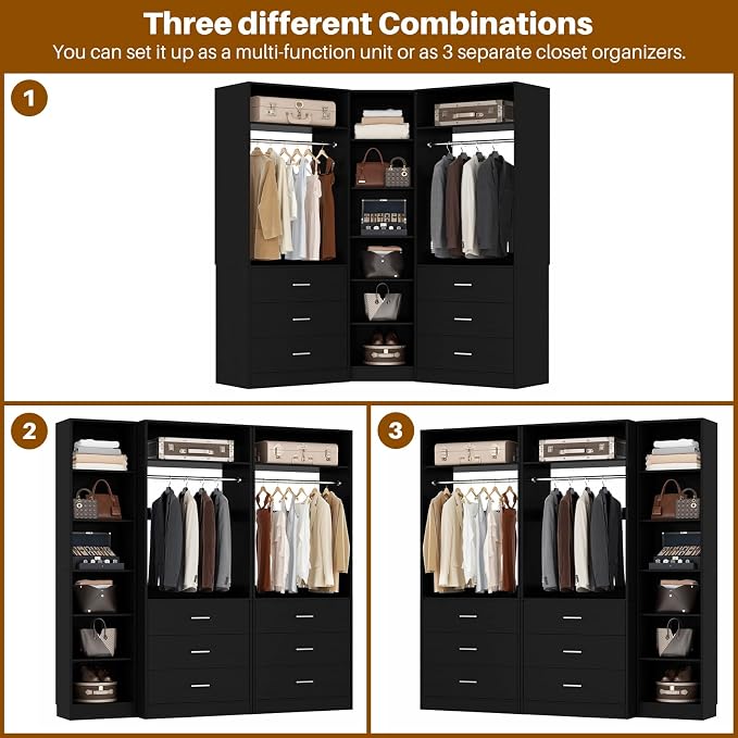 Besiost Closet System with 6 Drawers & 10 Shelves, Corner Closet Organizer System, Reversible Walk-in Closets, (L-Shaped 31.5" L * 31.5" W / I-Shaped 62.9" L * 15" W), Load 1500+LBS, Black