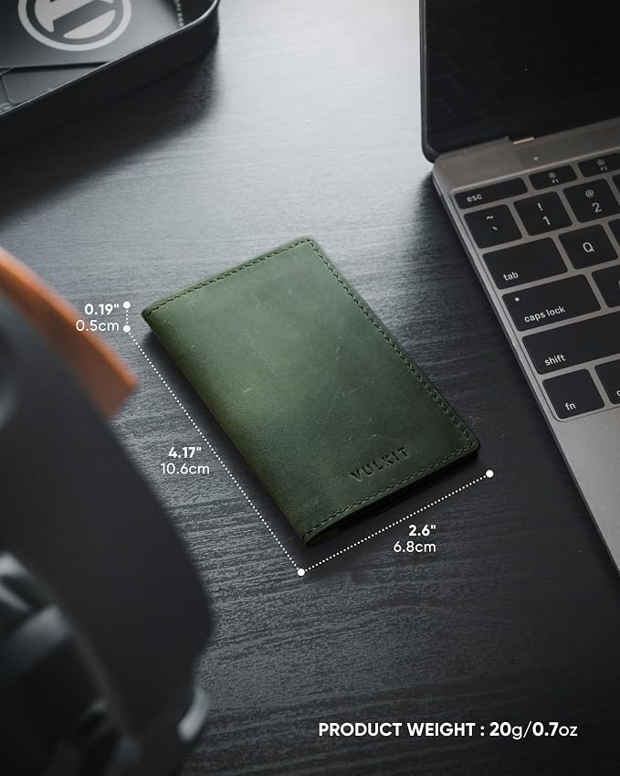 VULKIT Genuine Leather Business Card Holder 2 Sided Slim Business Name Card Organizer for Men or Women, up to Hold 20 cards (Genuine Green)
