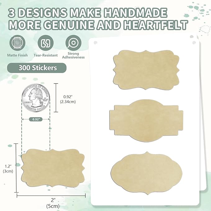 300 Pcs Kraft Labels Stickers, 1.2x2 Inch, 3 Decorative Designs, Writable for Gift Wrapping, Pantry Storage, Jars & Wedding Decor