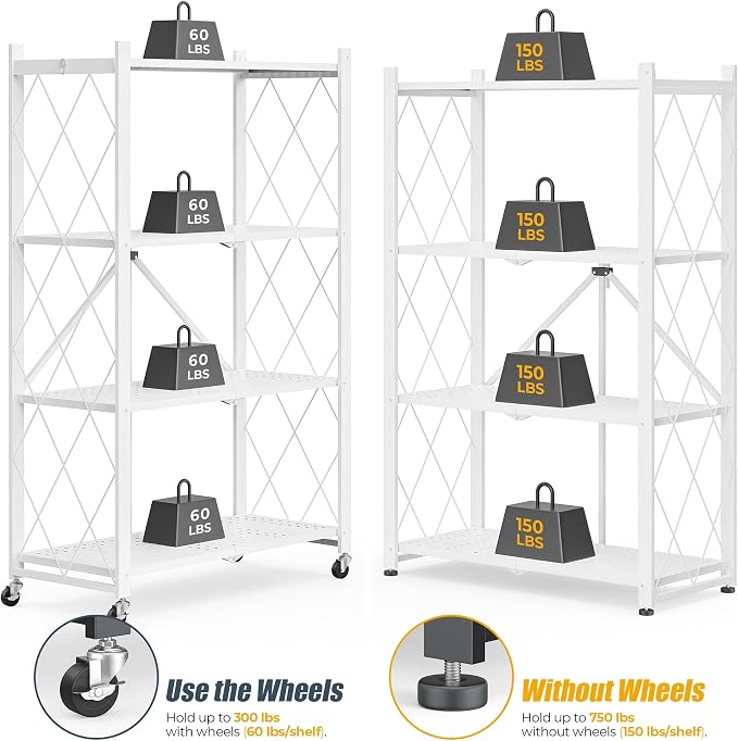 Fenbeli 4 Tier Folding Storage Shelf with Wheels, Heavy Duty Metal Shelving Unit No Assembly, Foldable Rolling Storage Rack 600 LBS Capacity, Locking Casters for Garage Kitchen Pantry(White, 4 Tier)