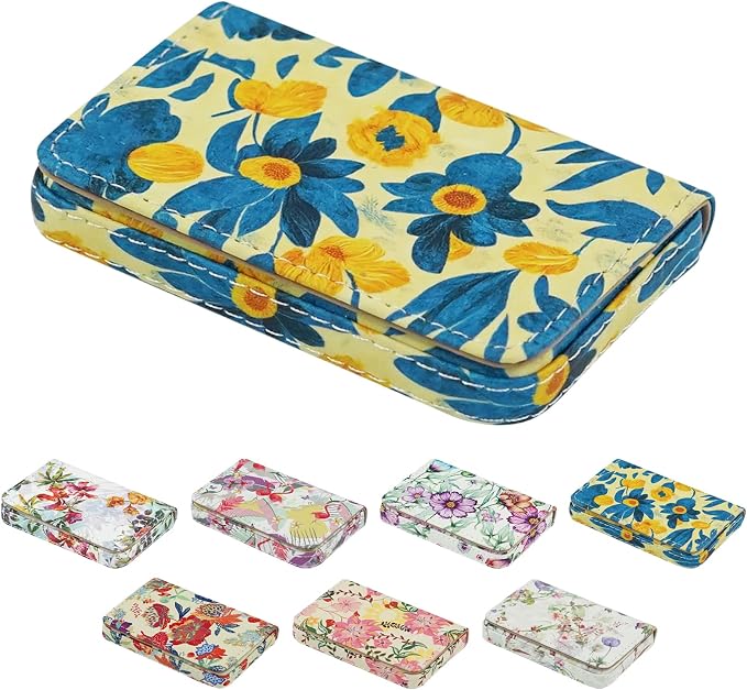Business Card Holder，PU Leather Business Card Case Color Printing Pattern Card Holder Wallet，Pockets Magnetic Credit Card Holders for Men and Women - Pink Flowers