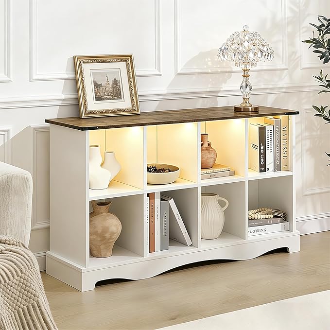 8 Cube Storage Organizer Bookcase, Long Horizontal Wood Bookshelf with Open Compartments, Multi-Purpose Cube Shelf, Hallway TV Stand for Living Room, Bedroom, Entryway, White