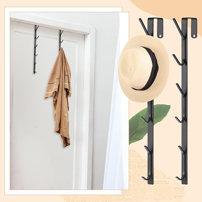 Tandefio 4 Pack 13.8" Over The Door Hook Hanger Comes with 6 Hooks from Large to Small Metal Extra Long Over The Door Hooks Hanger for Hats Rack Coat Scarf Purse Bags Scarf Keys and More (Black)