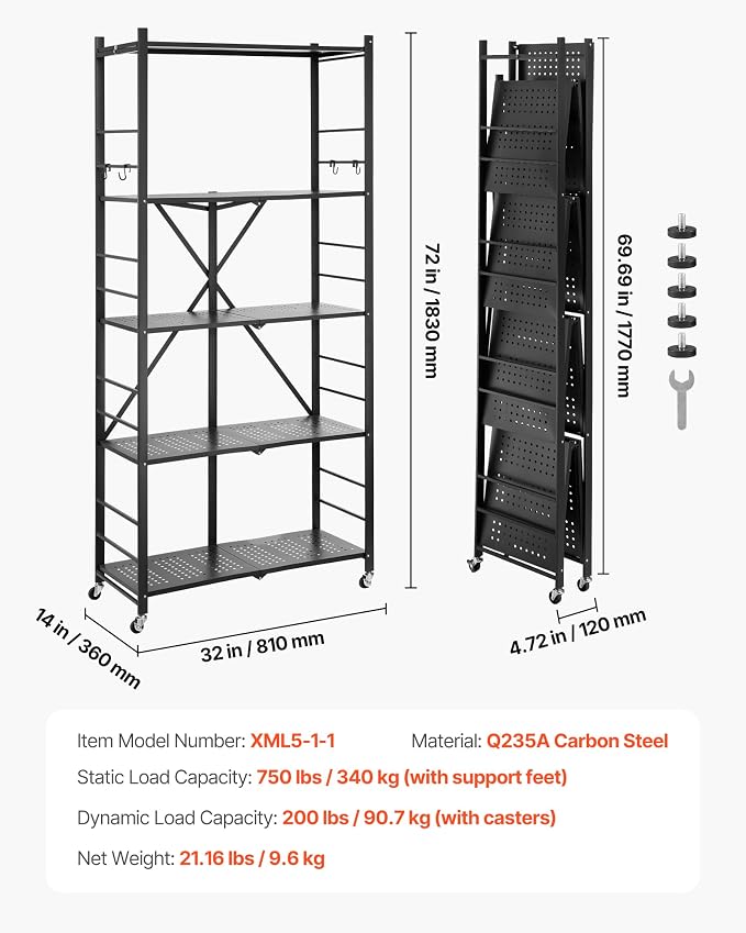 VEVOR 5-Tier Foldable Storage Shelf, 32W x 14D x 72H Inch Folding Metal Rack Shelving Unit, Heavy Duty No Assembly Organizer Shelf with 5 Wheels & 4 Hooks for Pantry, Kitchen, Garage, Basement, Black