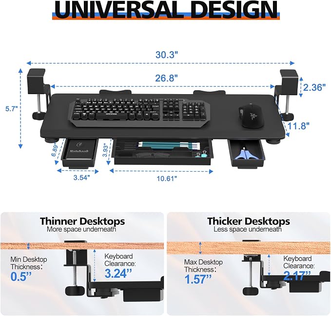 Large Keyboard Tray Under Desk Slide Out with Sturdy C-Clamp Mount and Storage Drawer, 27" (31" Including Clamps) x 12" Ergonomic Keyboard Trays for Home and Office, Black