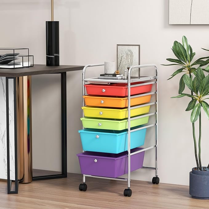 GOFLAME 6-Drawer Rolling Storage Cart, Multifunctional Art Craft Organizer Cart, Mobile Utility Storage Cart with Removable Drawers & Lockable Wheels, Craft Cart for Home Office, School, Multicolored