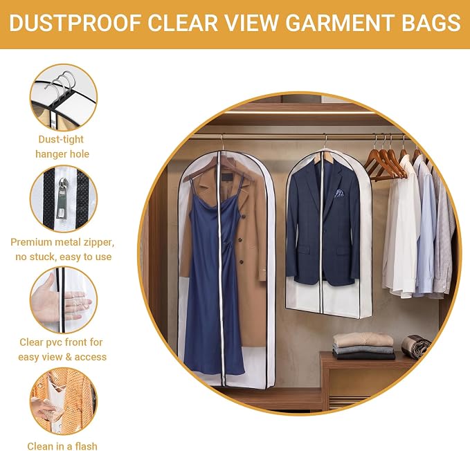 6 Pack 60" Clear Garment Bags for Hanging Clothes,4" Gusseted Suit Bags for Closet Storage Non-woven Back,Long Hanging Clothes Storage Suit Cover Bags with Zipper for Coats,Jackets,Shirts
